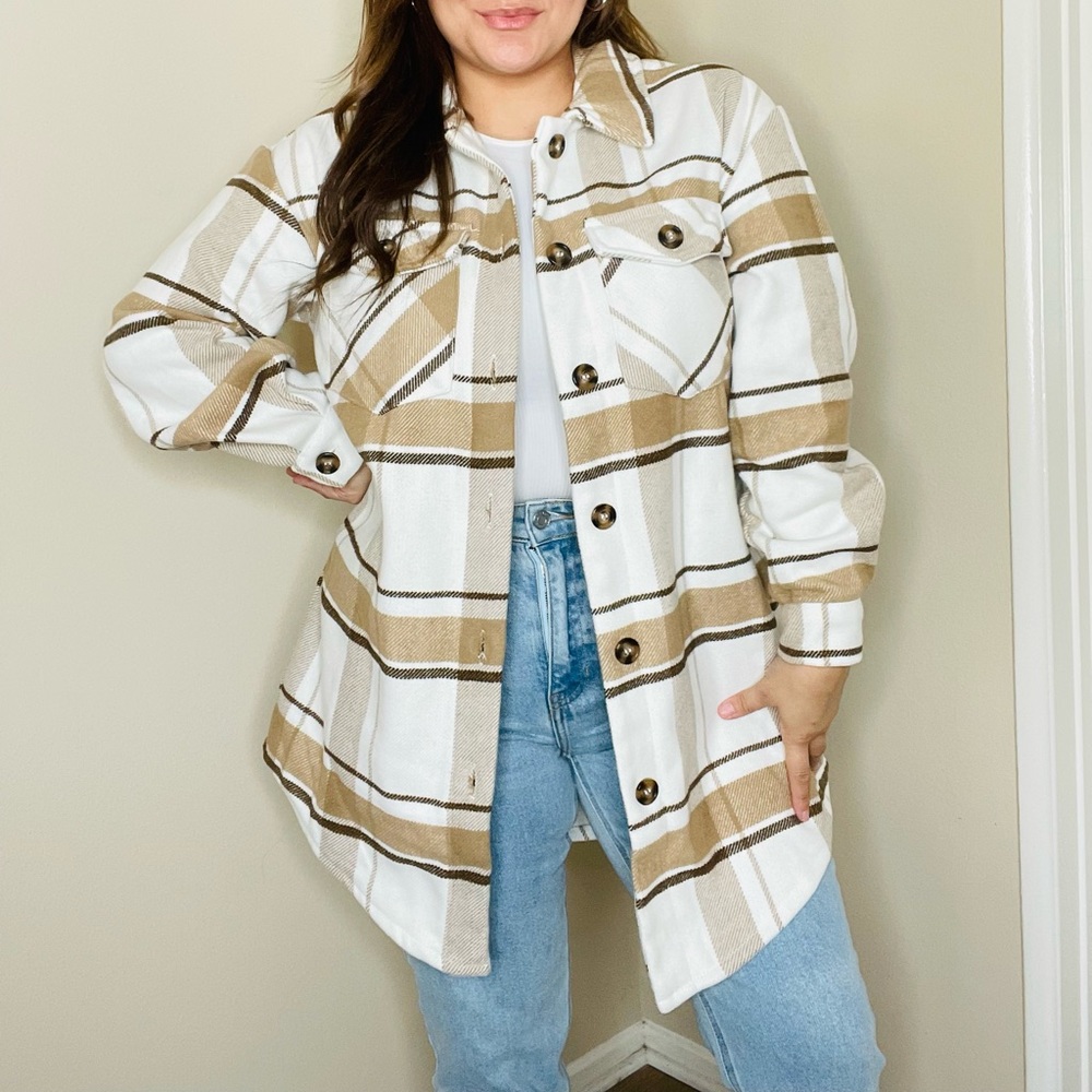 Love Tree White and Tan Plaid Pea Coat